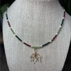 Colorful Beaded Necklace with Gold Leaf Pendant